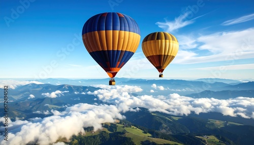 Two hot air balloons float over mountains, clouds, and trees on a bright sunny day