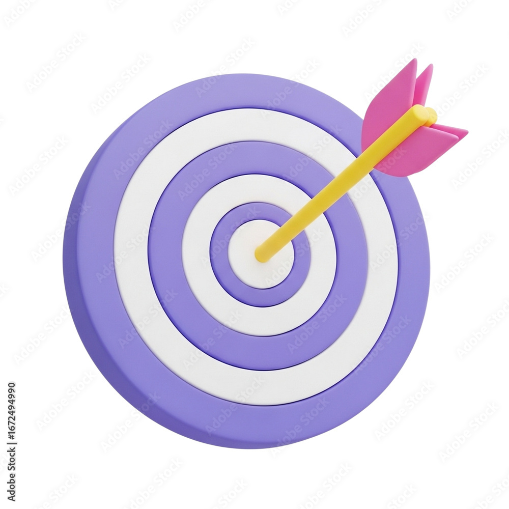 Arrow hits center bullseye on purple and white target board aiming for success
