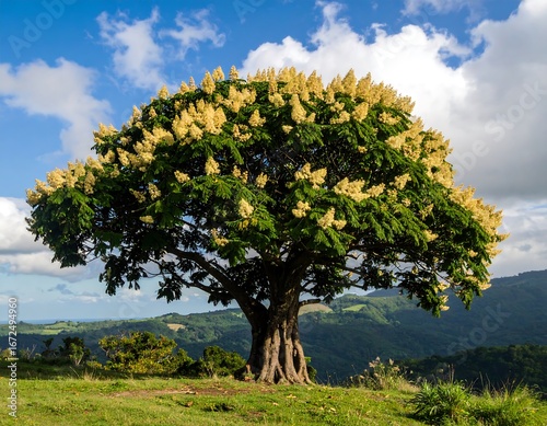 Lush tree with pale flowers