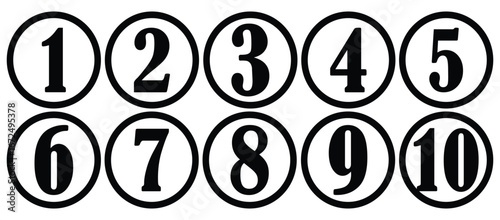 Set of numbers. Number circles set 1 to 10. Set of Round 1-10 numbers icon for education. Bullet point number icons collection 1-10. Numeral typographic line and flat icons set. Vector illustration.