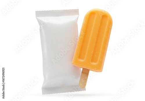 Refreshing orange popsicle with blank wrapper perfect for summer branding and advertising