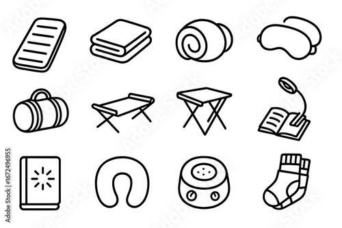 Glamping Sleeping Essentials Icons. Line style icons of glamping sleeping gear: thick sleeping pad, cotton sheets, warm duvet roll
