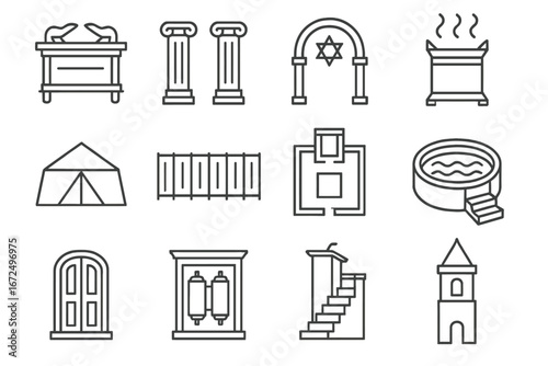 Bible Architecture Icons. Line style icons of Bible-themed architecture: ark of the covenant, temple columns, synagogue arch,