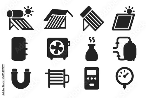 Solar Thermal Icons. Solid style icons of solar thermal energy: solar water heater, rooftop thermal tubes, evacuated tube