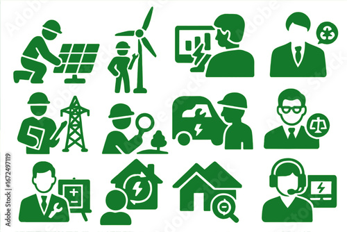 Green Energy Icons. Solid style icons of green jobs in energy: solar installer, wind technician, energy analyst, sustainability