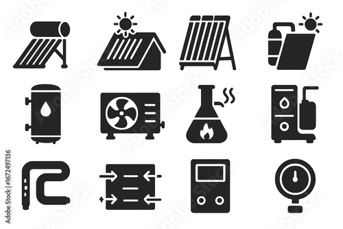 Solar Thermal Icons. Solid style icons of solar thermal energy: solar water heater, rooftop thermal tubes, evacuated tube