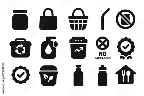 Zero Waste Icons. Solid style icons of zero waste lifestyle: reusable jar, cloth bag with loop, zero waste basket, stainless straw