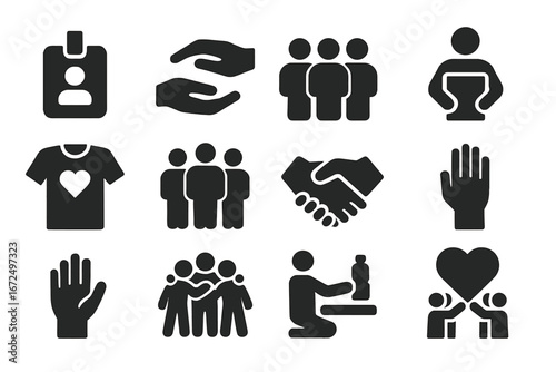 Volunteer Icons Collection. Solid style icons of charity volunteers: volunteer badge, helping hands, group of people icon, person