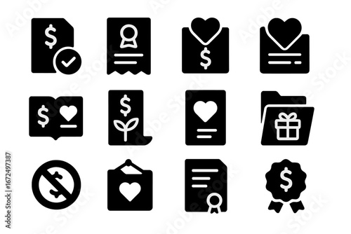 Tax and Donation Icons. Solid style icons of tax and donation receipts: tax deduction symbol, receipt with ribbon, charity invoice