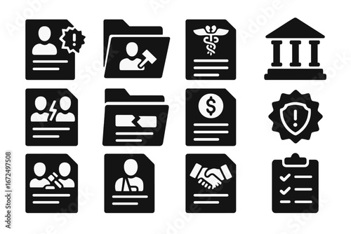 Civil Law Icons. Solid style icons of civil law: complaint document, lawsuit file icon, tort paper, civil court symbol, dispute