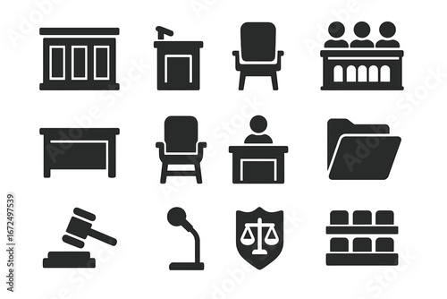 Courtroom Solid Icons. Solid style icons of courtroom elements: courtroom bench, witness stand, jury box, attorney table,