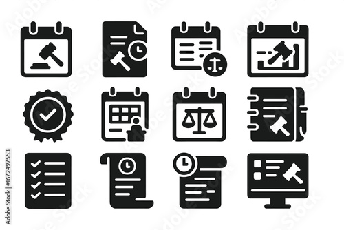 Court Scheduling Icons. Solid style icons of court scheduling and calendar: court date icon, hearing time file, docket calendar,