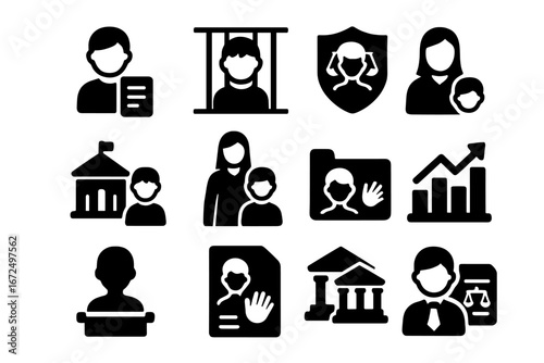 Juvenile Justice Icons. Solid style icons of juvenile court system: child with document icon, youth detention symbol, minor court