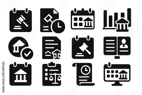 Court Scheduling Icons. Solid style icons of court scheduling and calendar: court date icon, hearing time file, docket calendar,