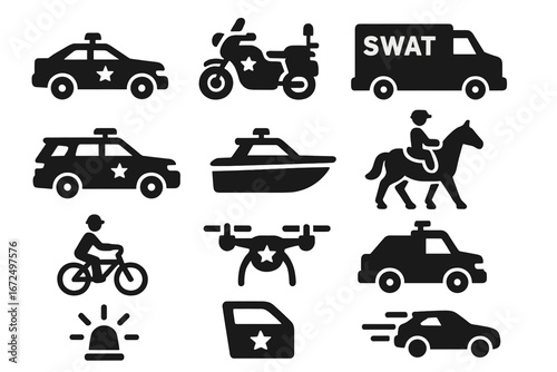 Police Vehicle Icons. Solid style icons of police vehicles: police car, police motorcycle, armored SWAT van, police SUV, police