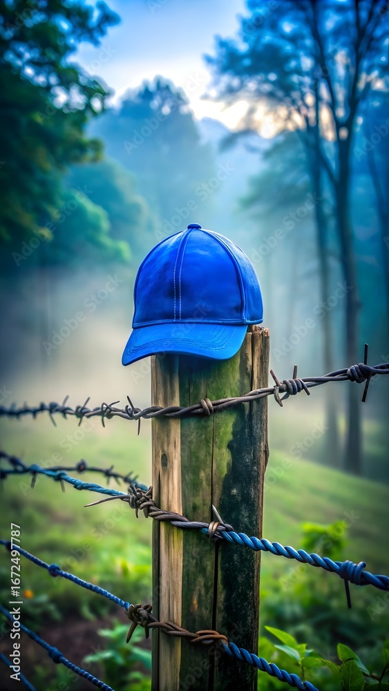 Obraz premium Bright blue cap resting on old wooden fence post amidst misty morning forest scenery