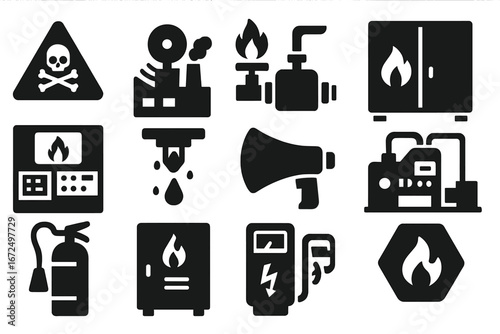 Industrial Fire Safety Icons. Solid style icons of industrial fire safety: chemical fire warning, fire alarm in factory, flame