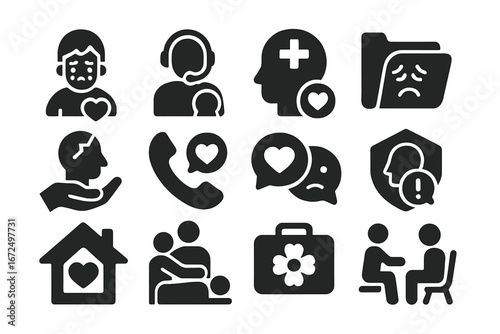 Emotional Support Icons. Solid style icons of emotional emergencies and support: crying person with heart, emergency counseling