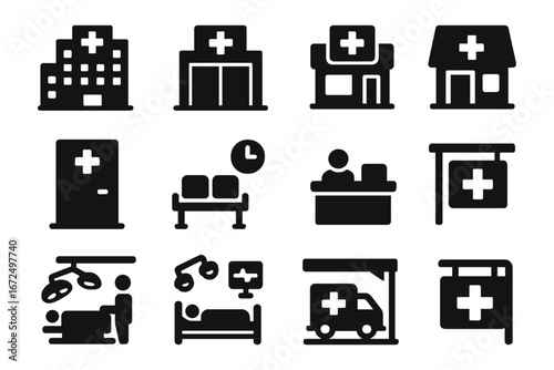 Hospital Icons Set. Solid style icons of hospitals and clinics: hospital building, emergency room entrance, medical clinic icon,
