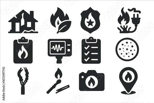 Fire Investigation Icons. Solid style icons of fire investigation and inspection: burned site icon, evidence of arson, fire