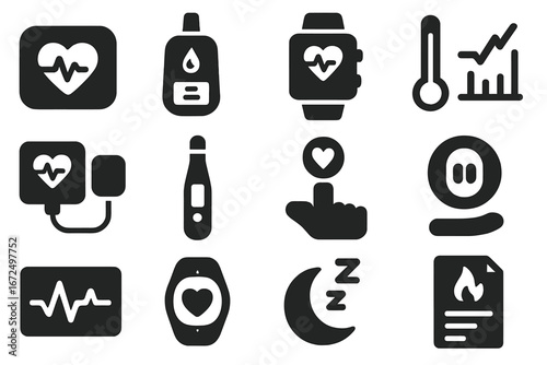 Health Monitoring Icons. Solid style icons of health monitoring: heart rate monitor, glucose meter, smartwatch with health data,