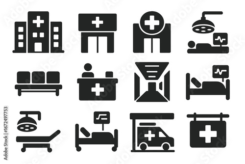 Hospital Icons Set. Solid style icons of hospitals and clinics: hospital building, emergency room entrance, medical clinic icon,