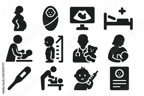 Maternal and Child Healthcare Icons. Solid style icons of maternal and child health: pregnant woman icon, baby swaddle icon,