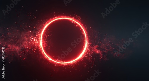 Vibrant photo of glowing ring of light on a dark background, in a futuristic and sci-fi style, with an energy explosion effect, glowing lines, a circular shape, a red color.