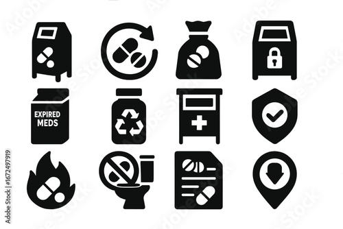 Drug Disposal Icons. Solid style icons of drug disposal and recycling: pill take-back box, medicine return icon, drug disposal bag