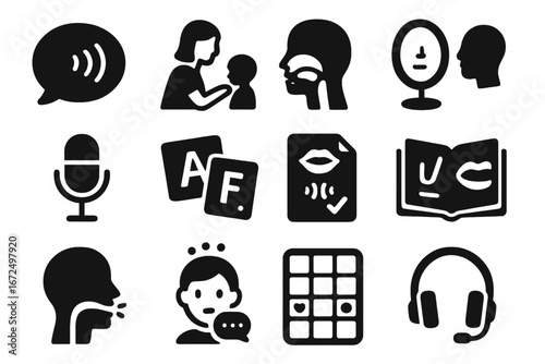 Speech Therapy Icons. Solid style icons of speech therapy: speech bubble with sound waves, therapist with child, articulation