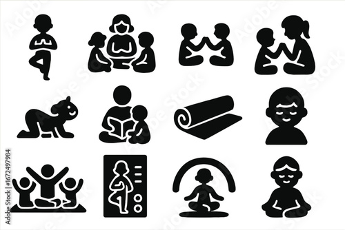 Family Yoga Icons. Solid style icons of yoga for kids and families: child in tree pose, family yoga circle, parent-child yoga icon