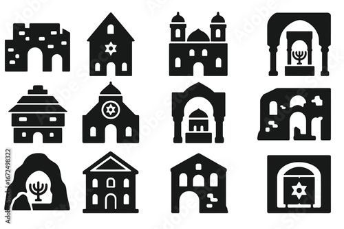 Historic Synagogue Icons. Solid style icons of historic synagogues: ancient Jerusalem synagogue, medieval European shul, Spanish