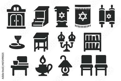 Synagogue Icon Set. Solid style icons of synagogue objects and furnishings: ark cabinet, bimah steps, podium with cloth, Torah