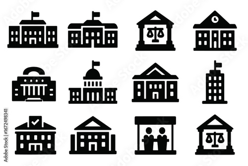 Political Buildings Icons. Solid style icons of political buildings and institutions: parliament house, presidential palace,