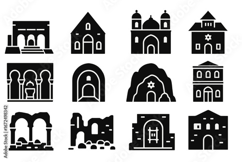 Historic Synagogue Icons. Solid style icons of historic synagogues: ancient Jerusalem synagogue, medieval European shul, Spanish