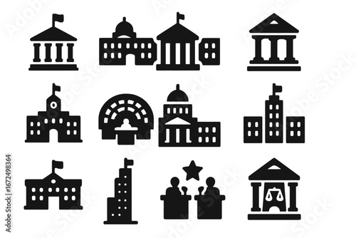 Political Buildings Icons. Solid style icons of political buildings and institutions: parliament house, presidential palace,