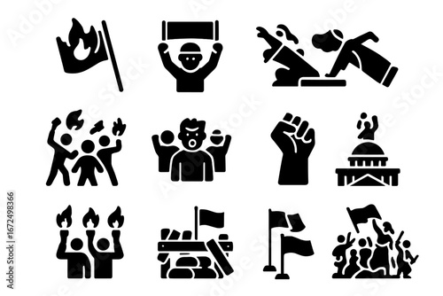 Revolutionary Iconography. Solid style icons of political conflict and revolution: burning flag, rebel with banner, fallen statue,