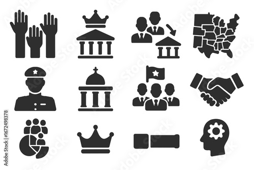 Political Systems Icons. Solid style icons of political systems and models: direct democracy hands, constitutional monarchy,