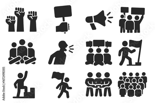 Icons of Activism. Solid style icons of political protests and activism: raised fists, picket sign, protester shouting, march