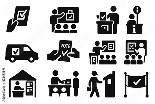 Voter Education Icons. Solid style icons of voter education and outreach: vote flyer, classroom ballot demo, info kiosk, outreach