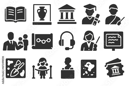 Historical Education Icons. Solid style icons of historical education and museums: open history book, artifact in glass case,