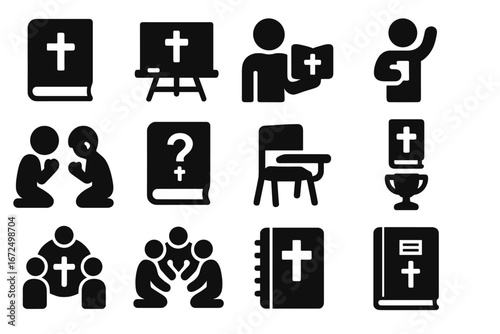 Christian Education Icons. Solid style icons of Christian education: sunday school book, chalkboard with cross, teacher with Bible