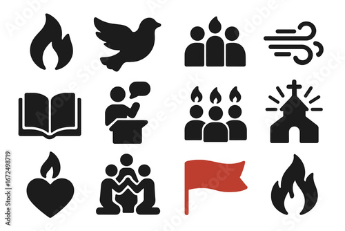 Pentecost Symbols Icons. Solid style icons of Pentecost: tongues of fire, descending dove, disciples gathered, rushing wind, open