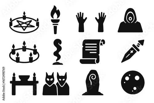 Halloween Ritual Icons. Solid style icons of Halloween rituals: summoning circle, torch flame, hands raised, chanting figure, ring