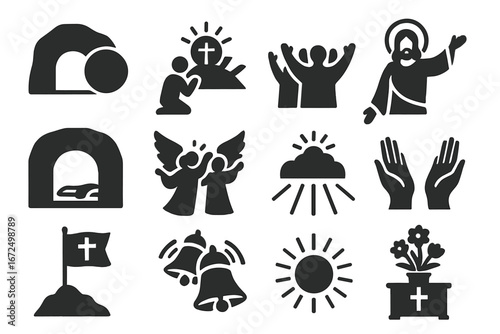 Easter Resurrection Icons. Solid style icons of Easter Sunday scenes: empty grave, worship at sunrise, joyful congregation, Christ