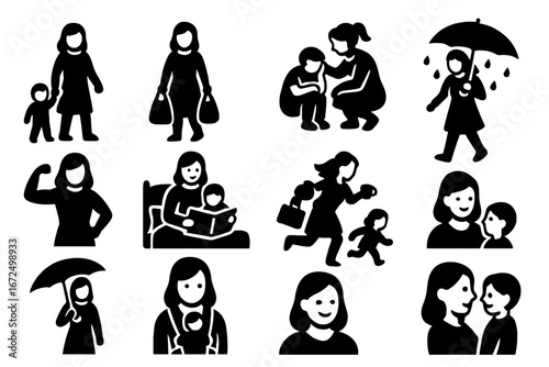 Strong Single Mothers Icons. Solid style icons of single mothers: mother with toddler, holding grocery bags, comforting child,