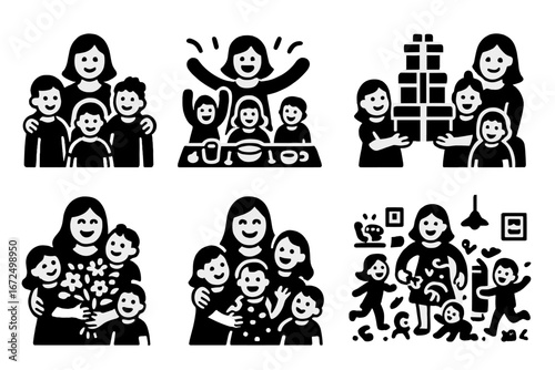 Busy Mom's Joy. Solid style icons of moms of many: group of kids, mother in center, arms around children, joyful noise, big