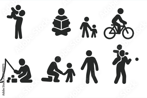Dad and Child Icons. Solid style icons of dads with children: lifting child, reading a book, walking together, riding bike,