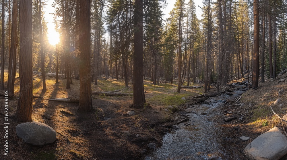 Fototapeta premium Sunlight streams through a tranquil forest.