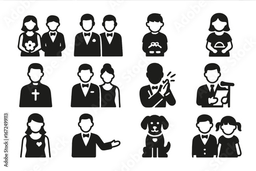 Wedding Guests Icons. Solid style icons of wedding guests and roles: bridesmaids, groomsmen, ring bearer, flower girl, officiant,